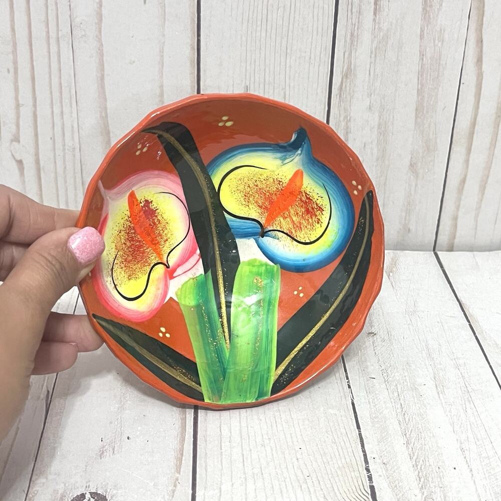 Vintage Mexican Pottery UV Reactive Hand Painted Calla Lily Bowl MCM Kitsch